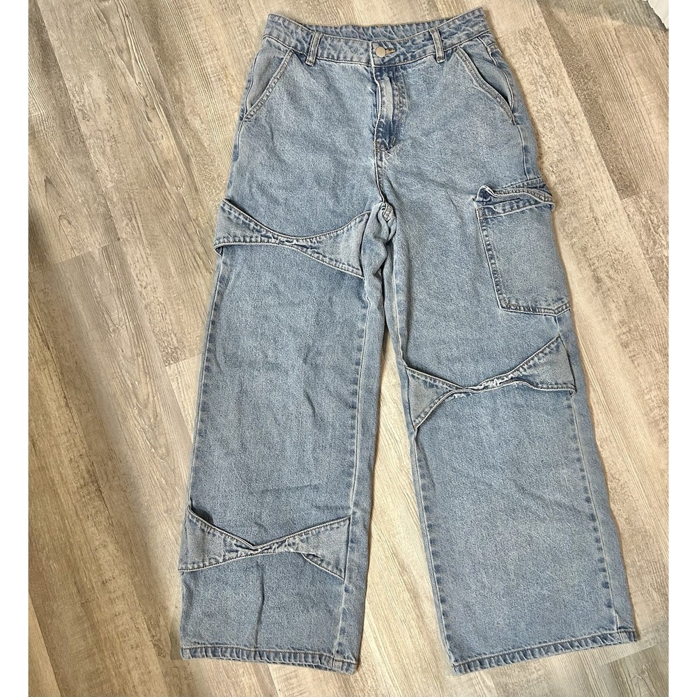 Cider Jeans Women's Small Wide Leg Mid Rise Cargo Jean Light Wash Blue Y2K